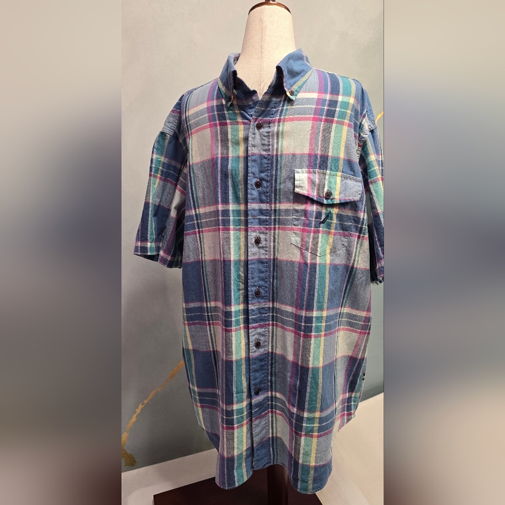 Nautica Blue White Plaid Short-Sleeve Button-Down Shirt L